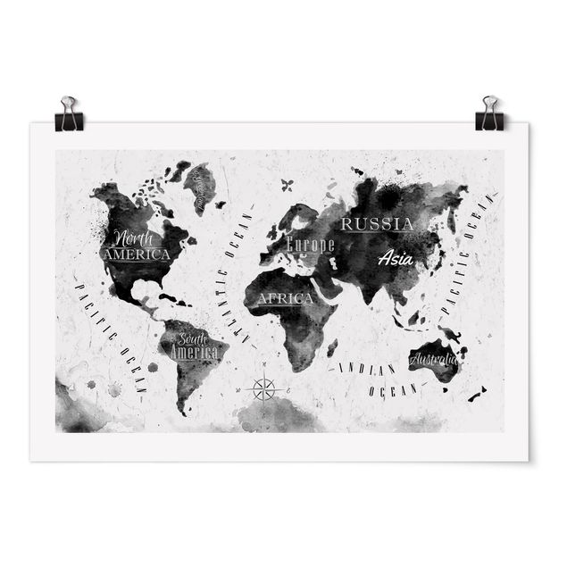 Obrazki czarno białe Mapa świata akwarela czarna