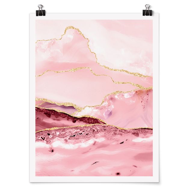 Nowoczesne obrazy Abstrakcyjne góry w kolorze różowym ze złotymi liniami