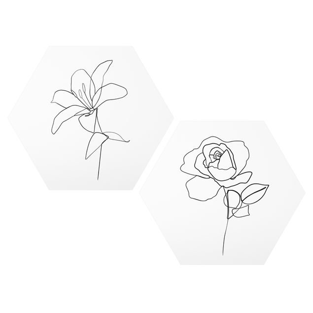 Obraz heksagonalny z Alu-Dibond 2-częściowy - Kwiaty czarno-biały zestaw artystyczny