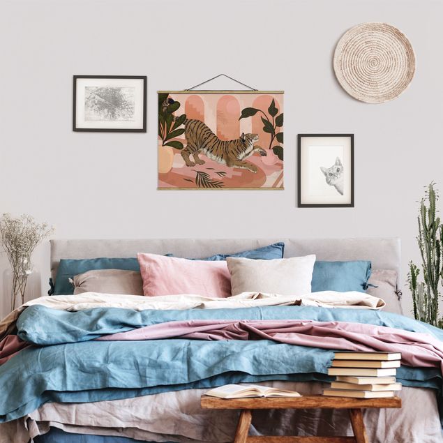 Obrazy do salonu nowoczesne Ilustracja tygrysa w pastelowym różowym malarstwie