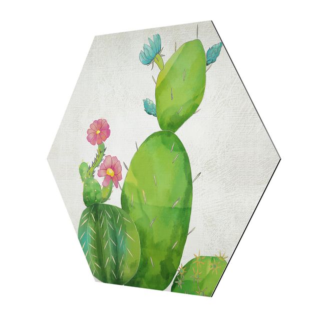 Obraz heksagonalny z Alu-Dibond - Rodzina kaktusów różowo-turkusowy