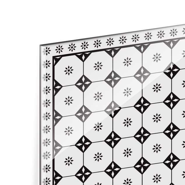 Panel szklany do kuchni - Geometryczne płytki dom wiejski czarno-biały z obramowaniem