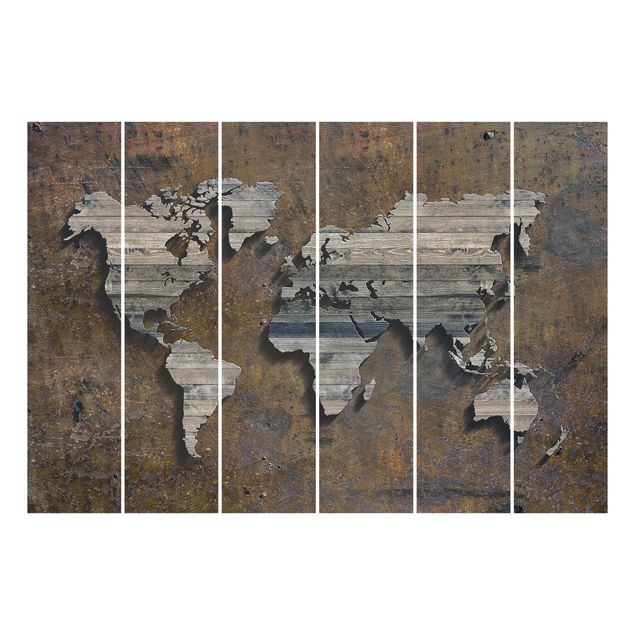 Zasłony panele Mapa świata z rdzą drewna