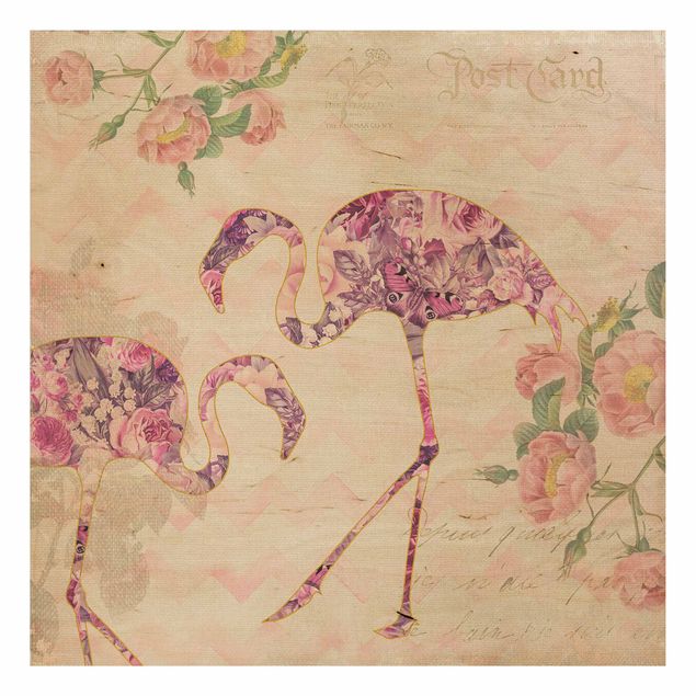 Andrea Haase obrazy  Kolaż w stylu vintage - różowe kwiaty, flamingi