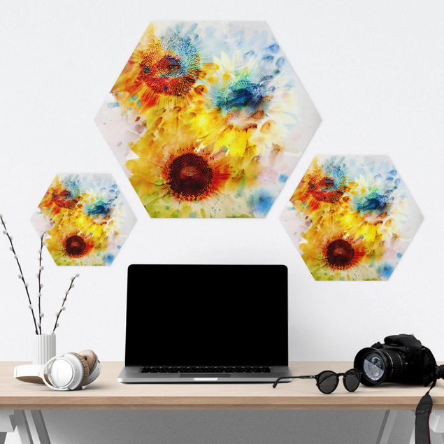 Obraz heksagonalny z Alu-Dibond - Akwarela Kwiaty Słoneczniki