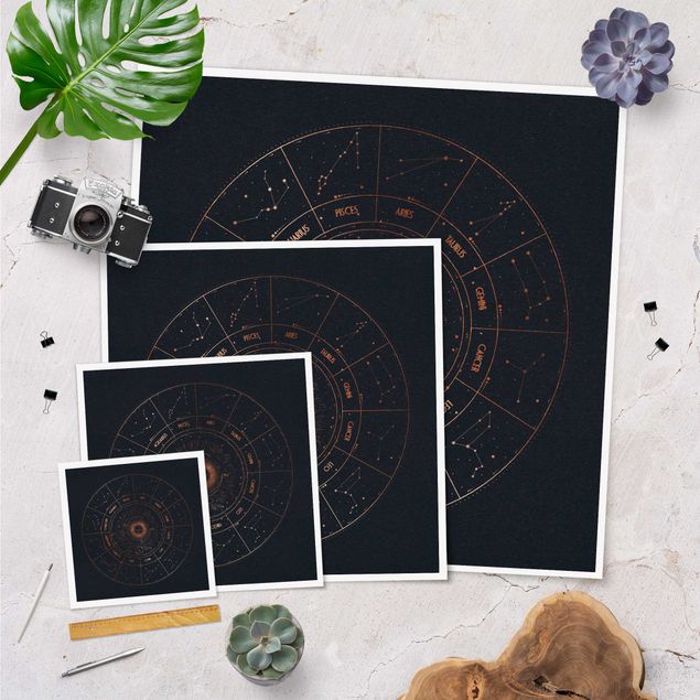 Plakat - Astrologia 12 znaków zodiaku Niebieskie złoto