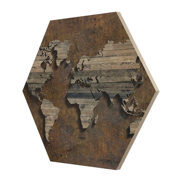 Obraz heksagonalny z drewna - Mapa świata z rdzą drewna