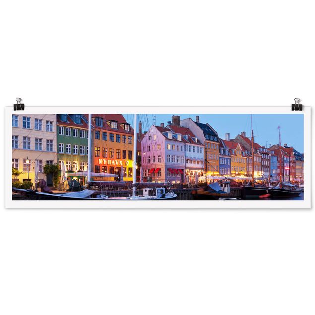 Plakaty architektura Port w Kopenhadze wieczorem