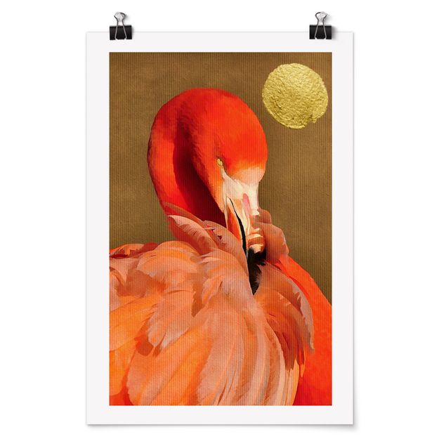 Zwierzęta obrazy Złoty księżyc z flamingiem