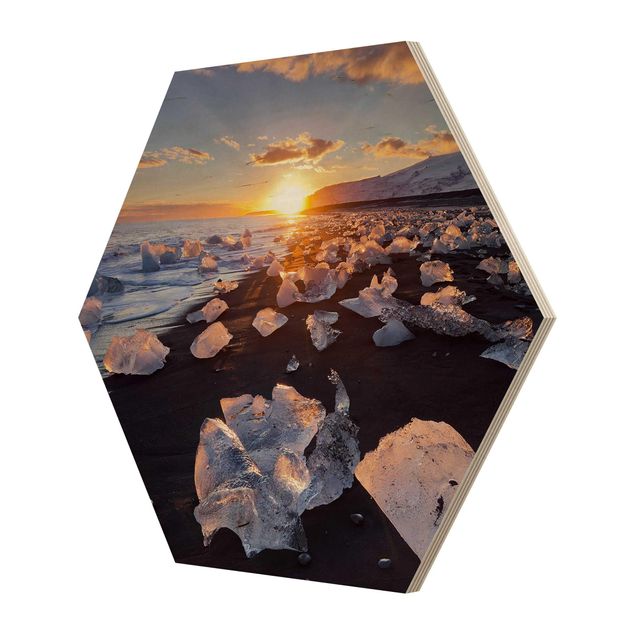 Obraz heksagonalny z drewna - Lodowe kawałki na plaży Islandia