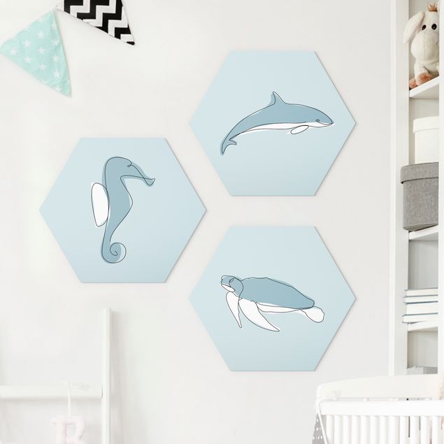 Obraz heksagonalny z Forex 3-częściowy - Dolphin Turtle Seahorse Line Art