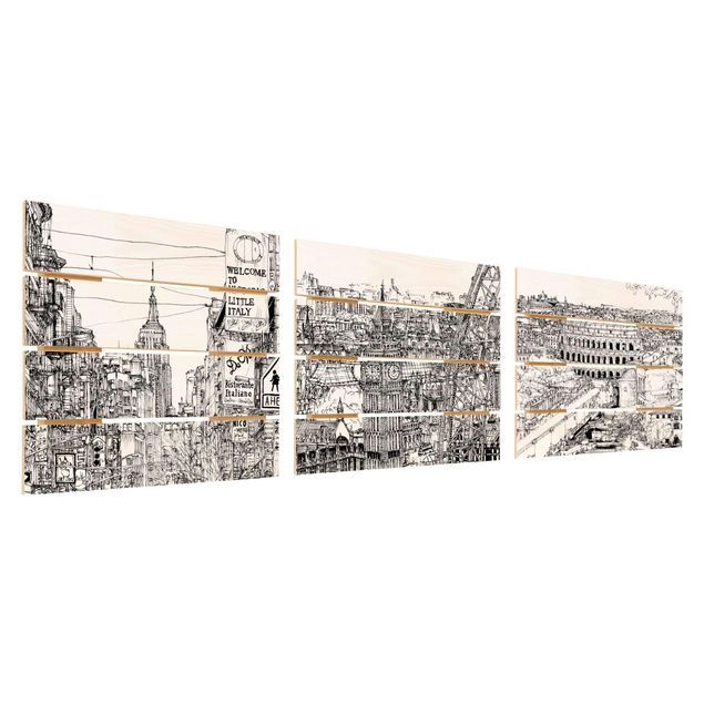 Obraz z drewna 3-częściowy - Studia miejskie - Nowy Jork - Londyn - Rzym