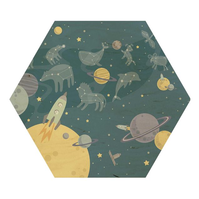 Obraz heksagonalny z drewna - Planety ze znakami zodiaku i rakietami