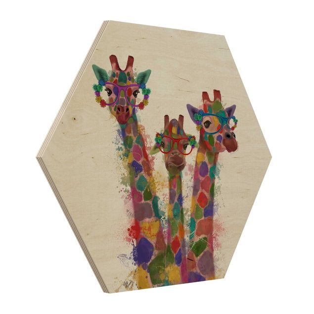 Obraz heksagonalny z drewna - Rainbow Splash Żyrafa Trio
