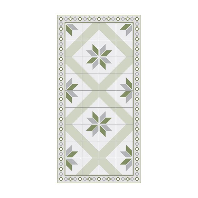 dywan z kafelek Geometryczne płytki diamentowy kwiat w kolorze oliwkowo-zielonym z wąskim obramowaniem