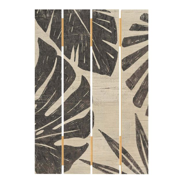Obraz z drewna - Liście palmy na tle jasnej szarości