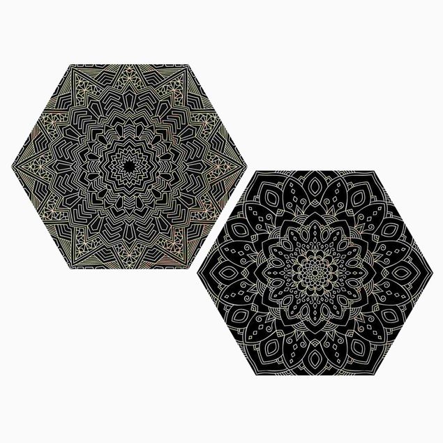 Obraz heksagonalny z drewna 2-częściowy - Wzór mandali z kwiatami i gwiazdami Czarny