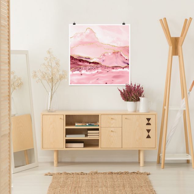 Obrazy na szkle abstrakcja Abstrakcyjne góry w kolorze różowym ze złotymi liniami