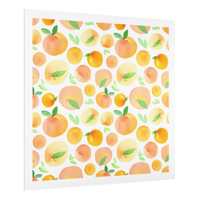 Panel szklany do kuchni - Akwarela Pomarańcze z liśćmi w białej ramce