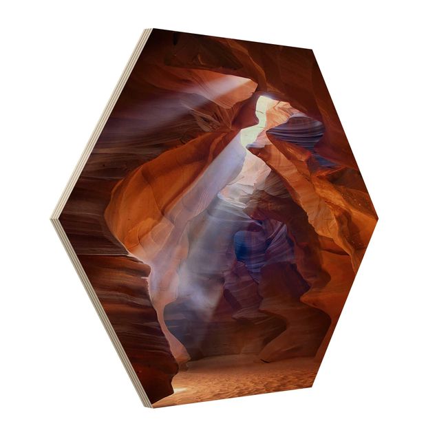 Obraz heksagonalny z drewna - Gra świateł w Kanionie Antylopy