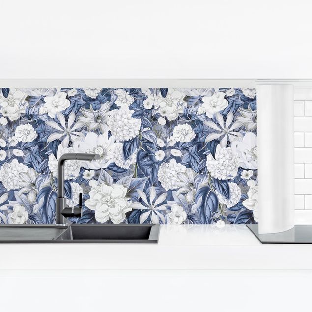 Panel ścienny do kuchni - Białe kwiaty na tle błękitu