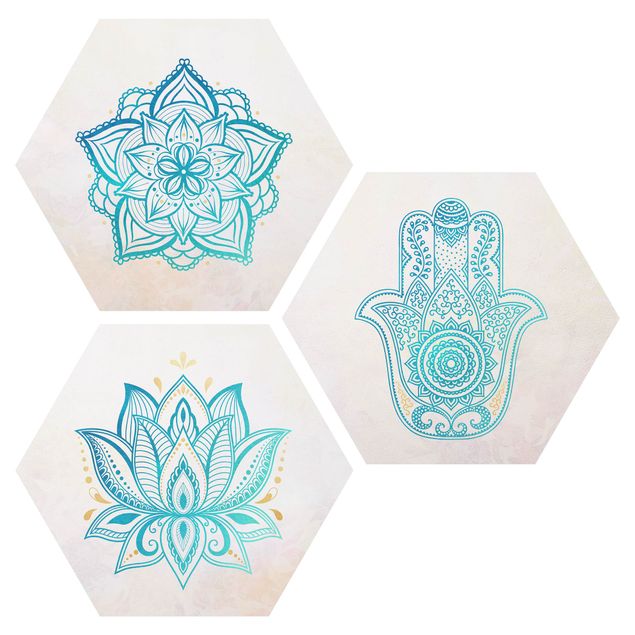 Obrazy nowoczesne Mandala Hamsa Hand Lotus Set złoty niebieski