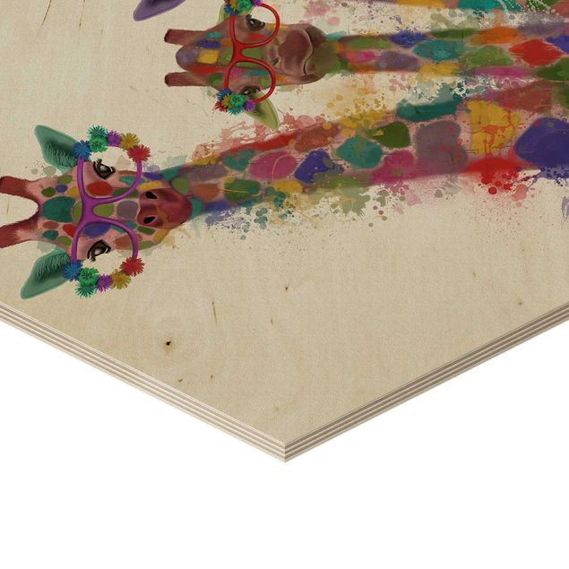 Obraz heksagonalny z drewna - Rainbow Splash Żyrafa Trio