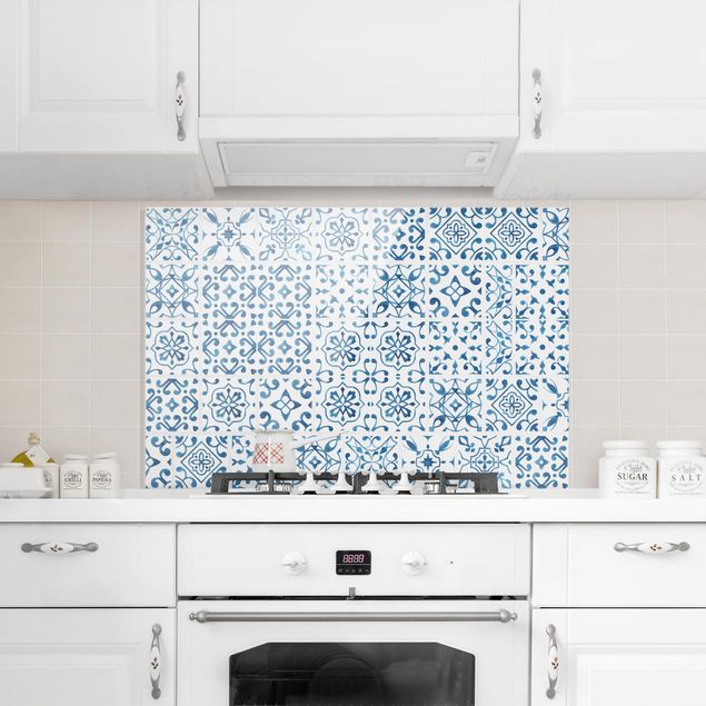 Panel szklany do kuchni Wzór na płytkach niebiesko-biały
