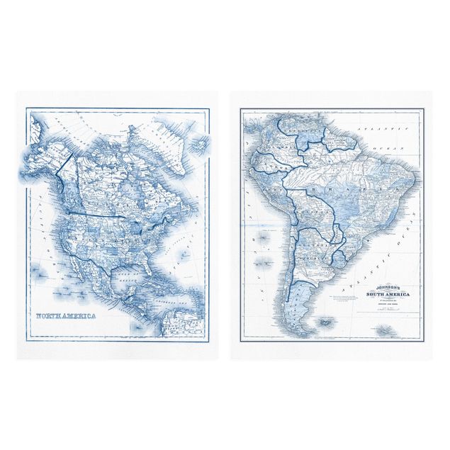 Obraz mapa świata Mapy w odcieniach niebieskiego Ameryka Północna i Południowa Zestaw I