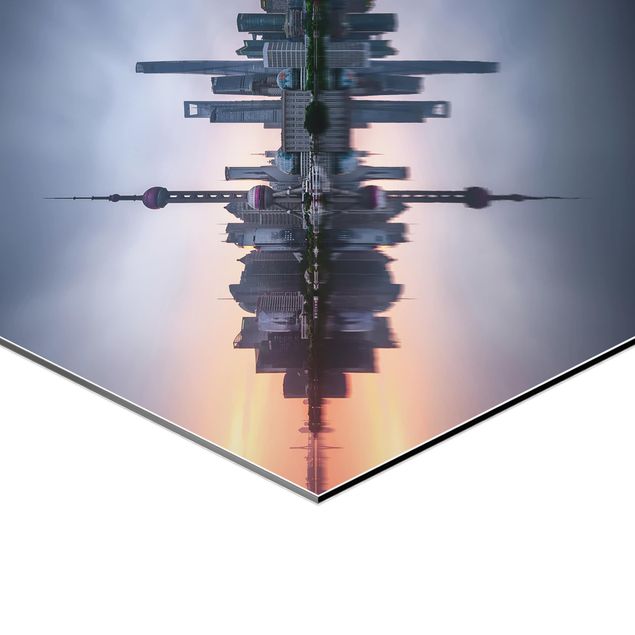Obraz heksagonalny z Alu-Dibond - Szanghaj Skyline Poranny nastrój