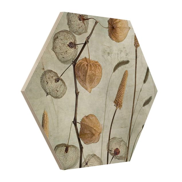 Obraz heksagonalny z drewna - Jesienne owoce lampiona
