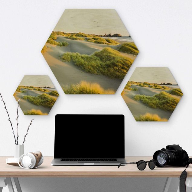 Obraz heksagonalny z drewna - Wydmy i trawy nad morzem