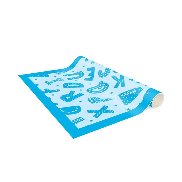 chodnik dywanowy Alfabet z serduszkami i kropkami w kolorze niebieskim z ramką