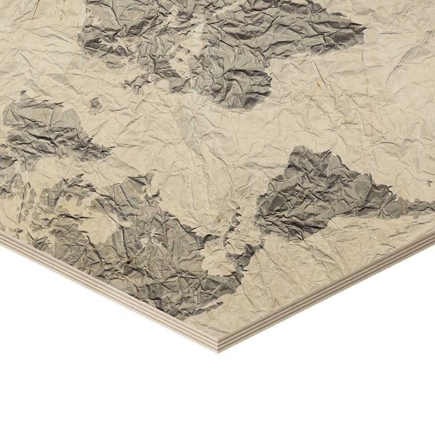 Obraz heksagonalny z drewna - Papierowa mapa świata biała szara