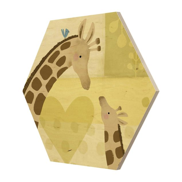 Obraz heksagonalny z drewna - Mama i ja - Żyrafy
