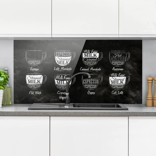 Panel szklany do kuchni Tablica kredowa z odmianami kawy