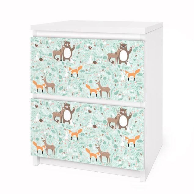 Okleina meblowa IKEA - Malm komoda, 2 szuflady - Wzór dziecięcy Leśni przyjaciele z leśnymi zwierzętami