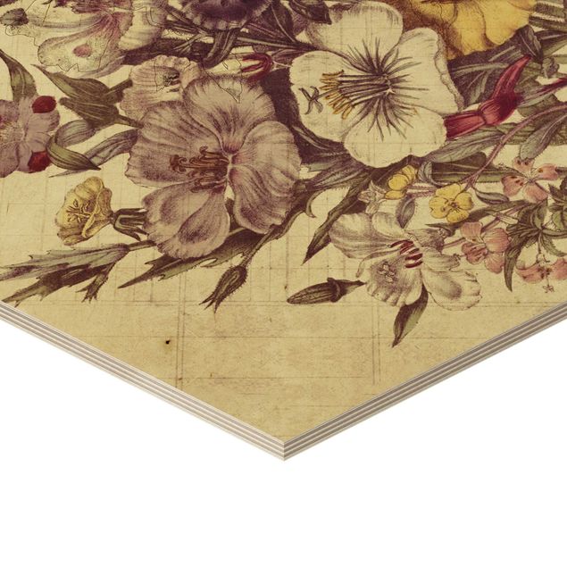 Obraz heksagonalny z drewna - Bukiet listów w stylu vintage