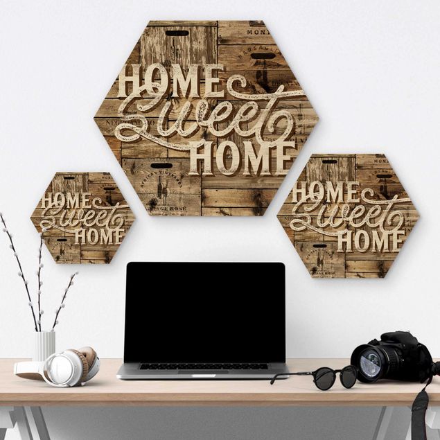 Obraz heksagonalny z drewna - Ściana drewniana w stylu "Home sweet home".