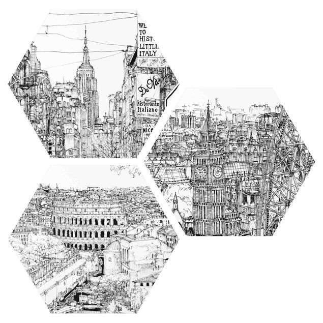 Obraz heksagonalny z Alu-Dibond 3-częściowy - Studia miejskie - Nowy Jork - Londyn - Rzym