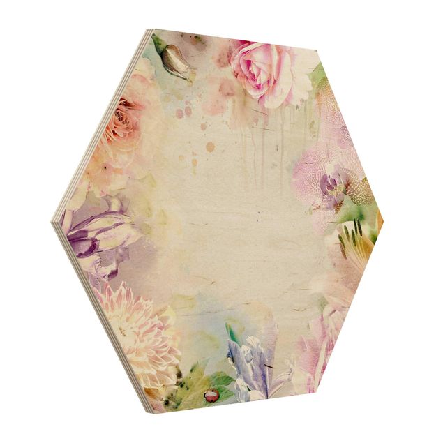 Obraz heksagonalny z drewna - Akwarela Mieszanka kwiatowa pastelowa