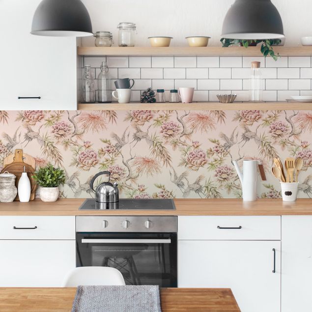 Panel ścienny do kuchni - Akwarela Ptaki z dużymi kwiatami ombre