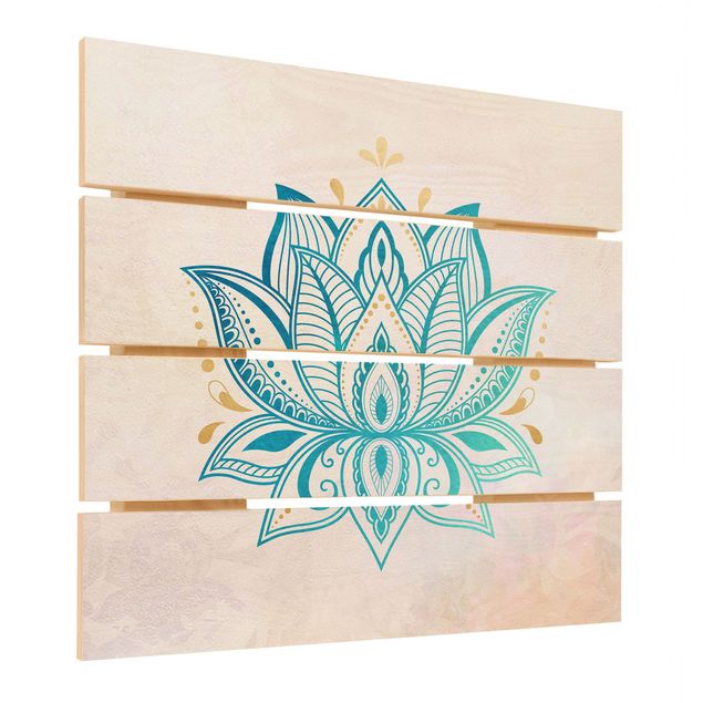 Obraz z drewna - Lotus Ilustracja mandali złoto niebieski