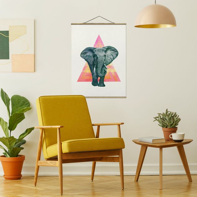Obrazy do salonu nowoczesne Ilustracja przedstawiająca słonia na tle trójkątnego obrazu