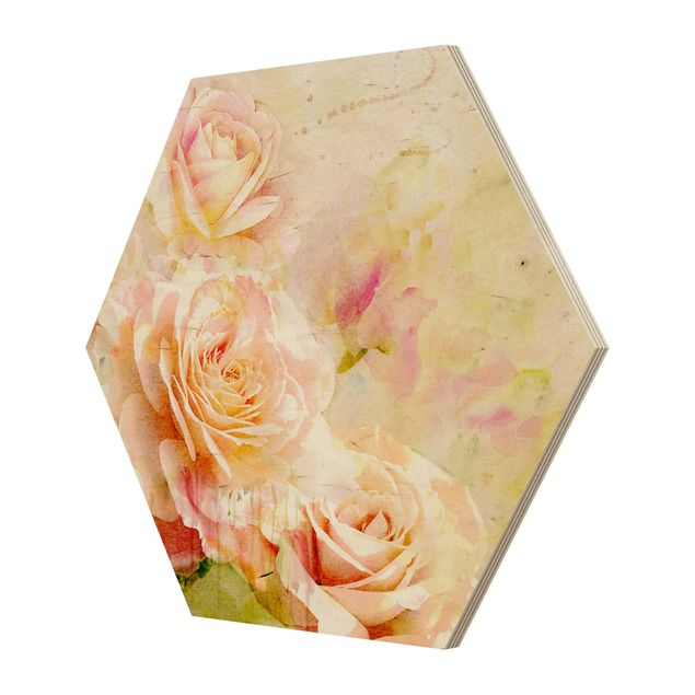 Obraz heksagonalny z drewna - Akwarela Kompozycja róż