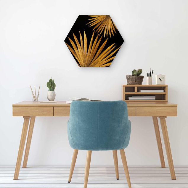 Obrazy drewniane Złoto - liść palmy na czarnym tle