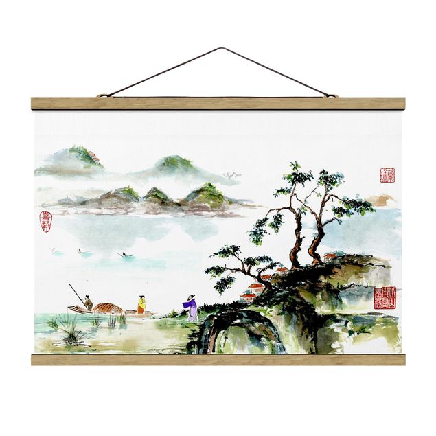 Obrazy krajobraz Japońska akwarela do rysowania jeziora i gór