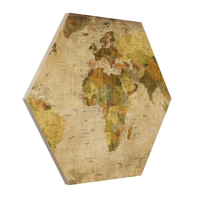 Obraz heksagonalny z drewna - Mapa świata