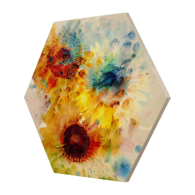 Obraz heksagonalny z drewna - Akwarela Kwiaty Słoneczniki