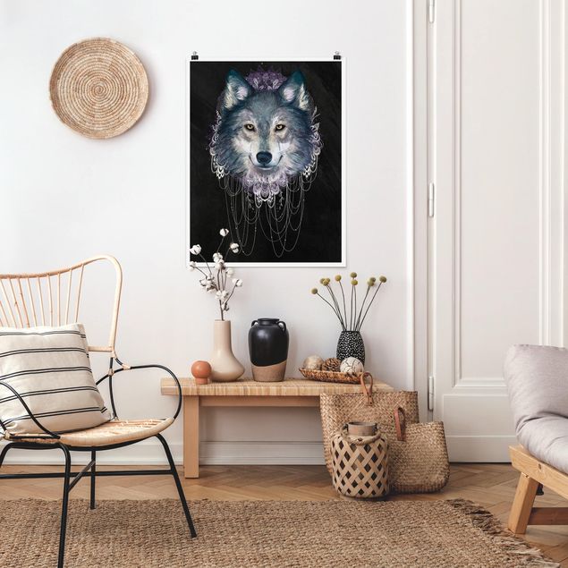 Obrazy nowoczesne Ilustracja wilka z boho łowcą snów Czarna